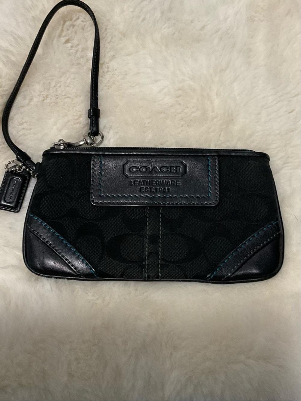 Coach Black Signature Wristlet with Leather Trim